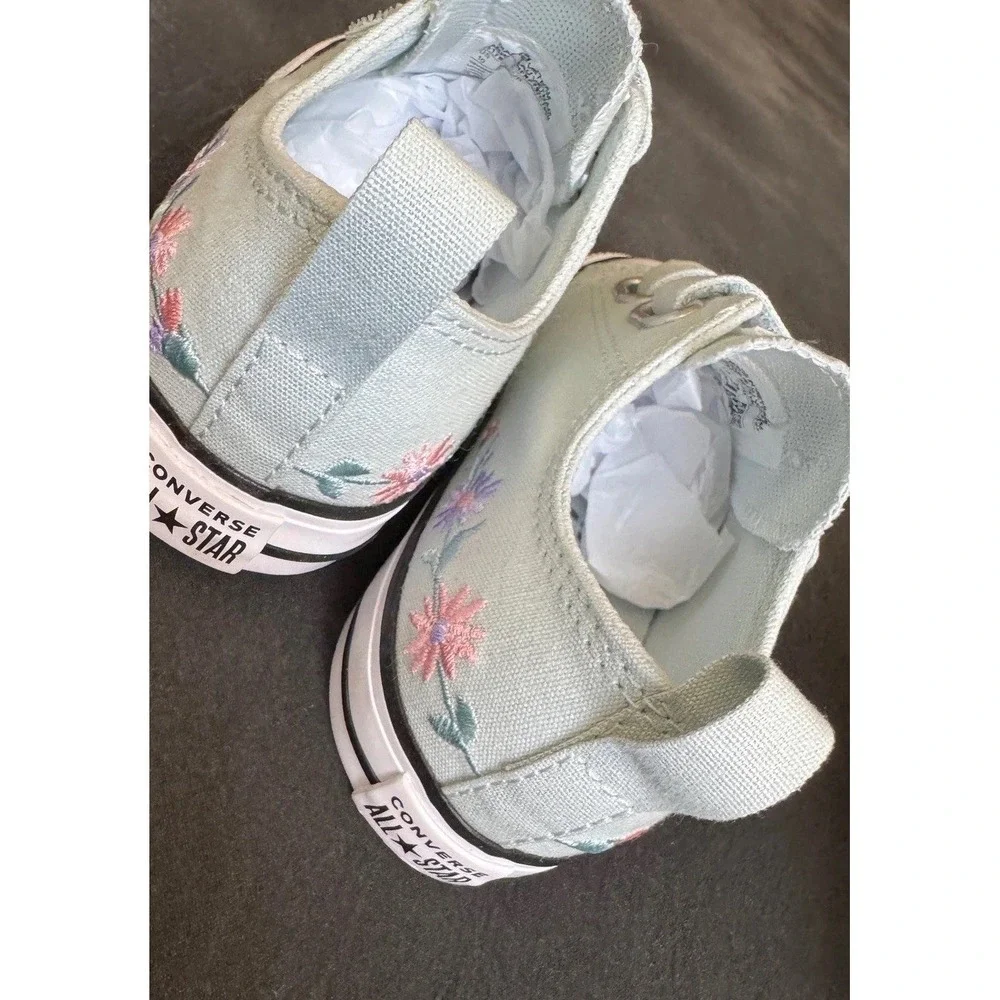 Converse All Star Infant 10 Mint Green Floral Embroidered Strap Sneakers NEW